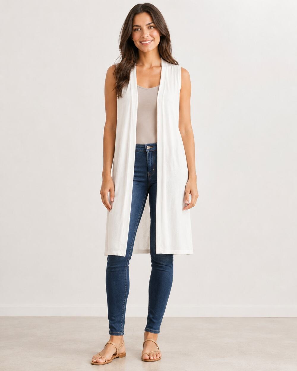 Women’s White Textured Open-Front Longline Vest Estimated Size L